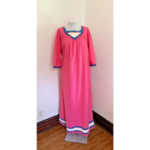 VTG 60 70 Maxi Dress Embellishments Pink Mumu House Dress Aztec Southwest Cotton